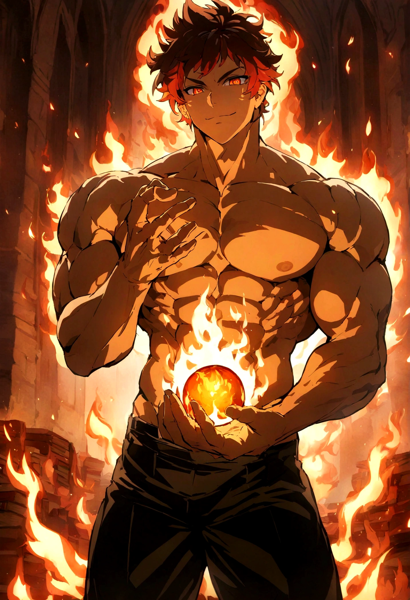 Masterpiece, top-tier quality, 16K UHD, Standing, magical library landscape, 1 male fire genasi with orange skin, no shirt, six-packed muscle, muscular physique, elegant black pants, burning flame hair, fire mage, holding a swirling fire ball in his hand, anime style, fantasy setting, confident pose, devilish smile. Highly detailed facial and skin texture, Detailed eyes, Angular eyebrows, Amber eyes with sparks, Fine facial features, Chiseled jawline, Glistening skin with a smoky undertone, Six-pack abs, Toned muscular body, Well-defined biceps