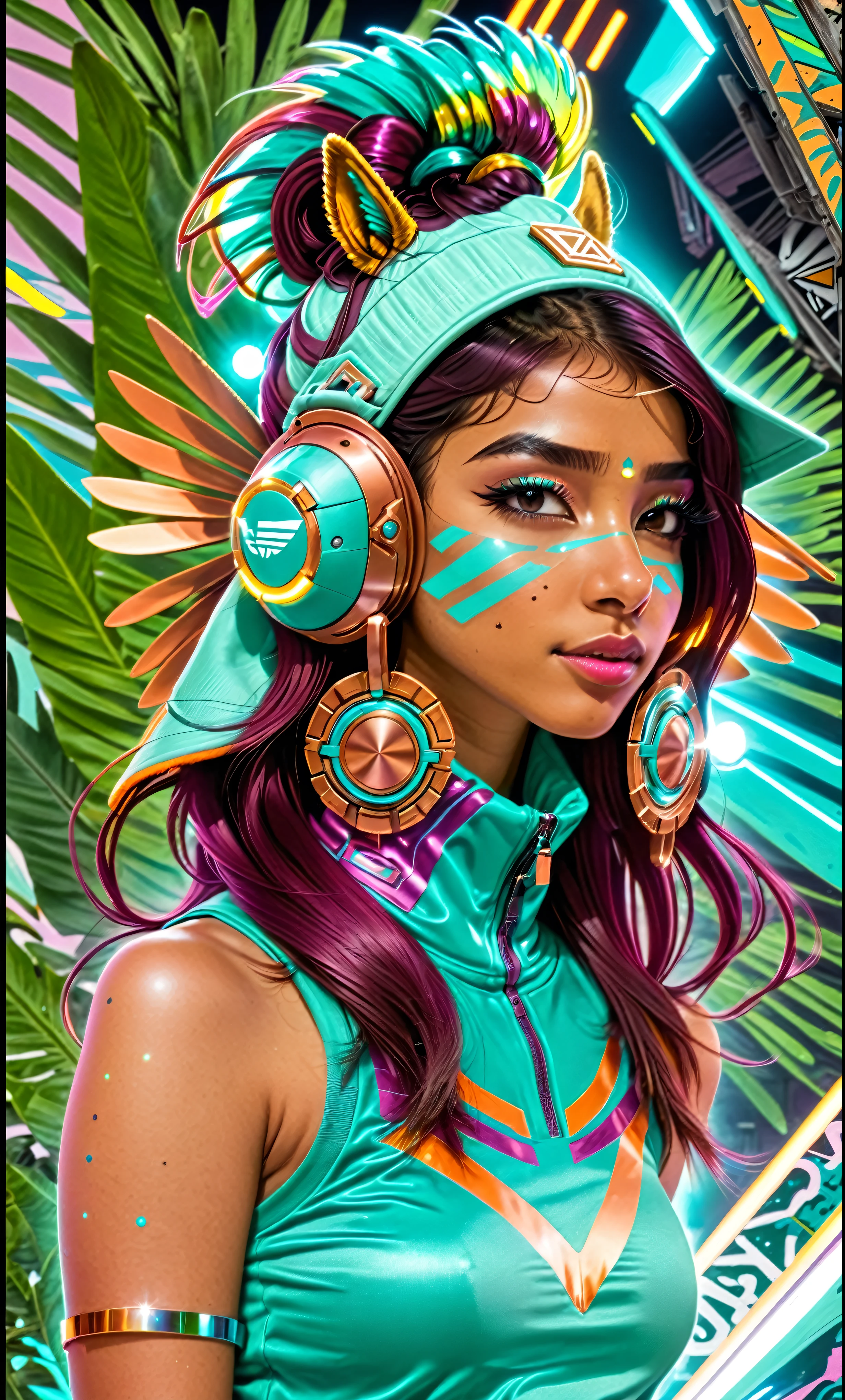 she is in a disco with colored lights reflecting onto her skin, cute girl, Latina, with a pointy nose, Indian beauty, sri lanka, , age 23, young. 
 lights on her skin cute Indian woman with a button nose, age 23, young, with natural hair flow, feathered 1970s hairstyle, and layered hair. 
hair, maybe ponytails.  beautiful, 1980s hip hop clothing,. earing an adidias vest. turtle neck 
  sparkling zippers. , 1970s hip hop 
  mecha, Gundam. 1970s hip hop Ayahuasca trippy, turquoise, and copper.  ancient futuristic. neo-Aztec 
 2077_Style, glowing earrings. futuristic, Kangol bucket hat, safari hat, horse-jockeys hat.  mecha, Gundam.  Bold Large, tech graffiti shapes in the background 
 she is wearing a KANGOL 0397BC BERMUDA. wearing a tank top. with LED lights, , also a transparent breathing mask, and digital goggles on her head or hat. 

She is shown from the waist up. She is looking away from the camera. city in the background. she is wearing an Adidas maroon turtle neck, with aqua blue, touquise.  three stripes. adidas. posed from the waist up.  looking away from the viewer. Aztec is ancient with a future tech twist.  
