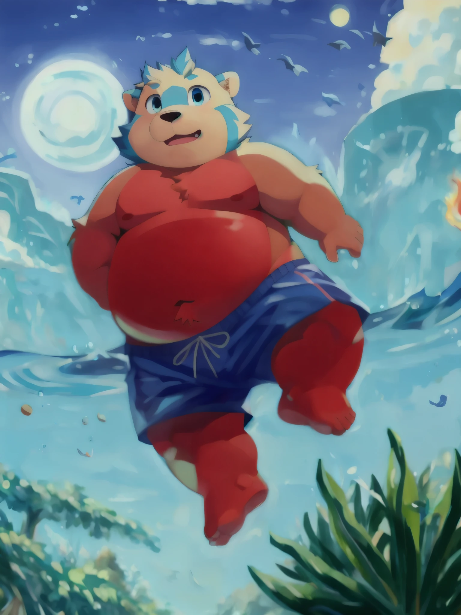 (masterpiece, best quality:1.2),, xiaobo,furry,overweight,the whole body,foot,sky,swimming trunks,bare,naked,jump,Low viewing angle,blue fire