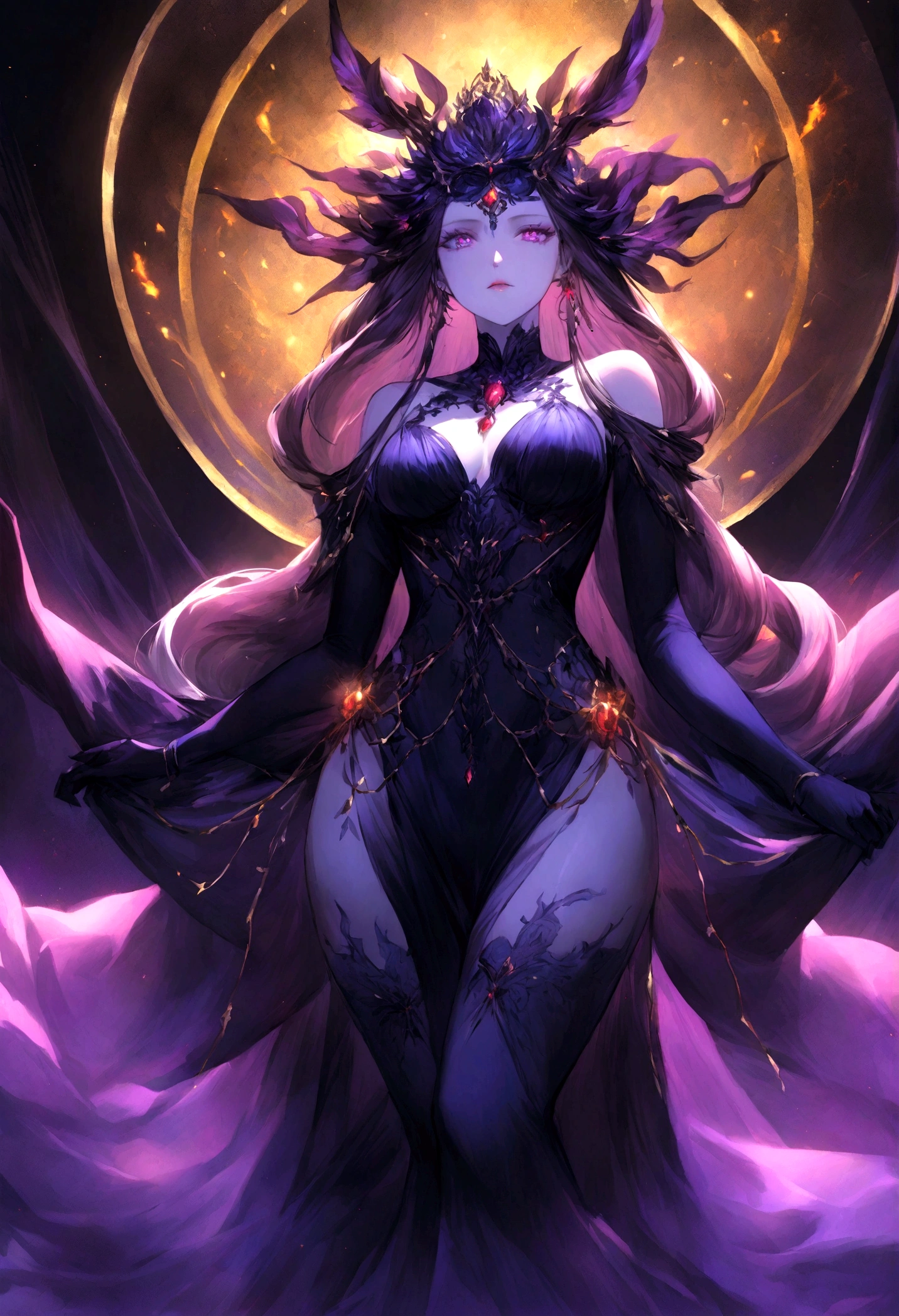 Goddess,otherworldly beauty and allure that transcends mortal comprehension. She appears as a stunning and seductive figure, radiating an aura of power and mystery that captivates all who behold her. Her form is lithe and graceful, with long limbs.
Skin is as smooth as polished marble, pale and flawless, with a subtle luminescence that casts her in an ethereal glow. Her hair cascades in waves of midnight black, tumbling down her back in a cascade of dark silk that shimmers with an otherworldly sheen. Her eyes burn with an intense, otherworldly light, their color shifting like the flickering flames of a dying fire, drawing the viewer into their depths with an irresistible pull.
Adorned in garments of flowing silk and gossamer lace, Astarte's attire is as beguiling as she is, clinging to her form like a second skin and accentuating every curve and contour of her divine figure. Jewels of dark crystal and precious metals adorn her form, sparkling and glinting with an inner light that seems to pulse with the very essence of darkness itself.