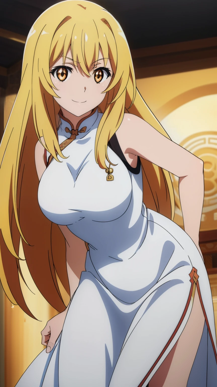 (highest quality, High resolution, 8k, masterpiece: 1.2), Very detailed, Anime art style, Misaki Shokuhou, orange eyes, (pupils sparkling:1.0), Beautiful character design, Perfect eyes, Perfect face, Expressive eyes, Perfect balance, smile, blonde, Long Hair, Large midchest, (china dress, sleeveless dress:1.2), looking at the camera, Dynamic pose, Dynamic Angle, The gaze camera focuses on the center of the image,