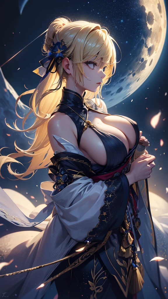 masterpiece, high quality, 4K, Beautiful design, silhouette,blonde, 非常に詳細な夜のStarry Sky,Flower Field, wonderful, Finer details, Very knowledgeable woman, Highly detailed solo, 1 female,Big Breasts,Tube top dress,Night view,Starry Sky,full moon,