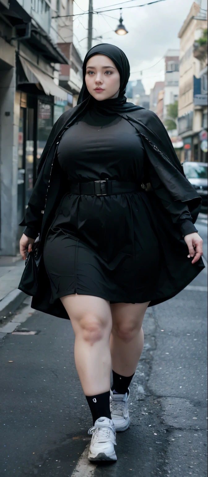 Milky white skin woman in black dress and hijab walking down the street, , hijab outfit, , hijab fashion model, plus size, plus size woman, , woman in black robes, beautiful woman, thicc, black outfit,, bbwchan , white sneakers , Height 170 cm, beautiful woman, with a beautiful appearance, a very beautiful masterpiece, a masterpiece of art, good lighting, Bright colors, Clean lines