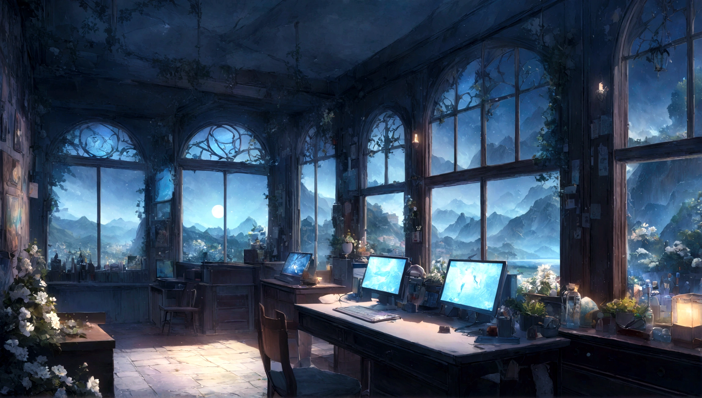 on the desk、No people、Tablet、liquid crystal、moon、PC Monitor、liquid crystalTablet、smartphone、wall、Dark atmosphere、Blue Neon、Blue Star、keyboard、Vocal Microphone、headphone、Large windows、scenery、white flowers and a laptop on a desk in front of a window, a digital painting inspired by Uragami Gyokudō, pixiv contest winner, magical realism, magic lab background, magical background, background art, personal room background, random background scene, anime background art, cozy cafe background, fairy tale style background, background artwork, mobile game background