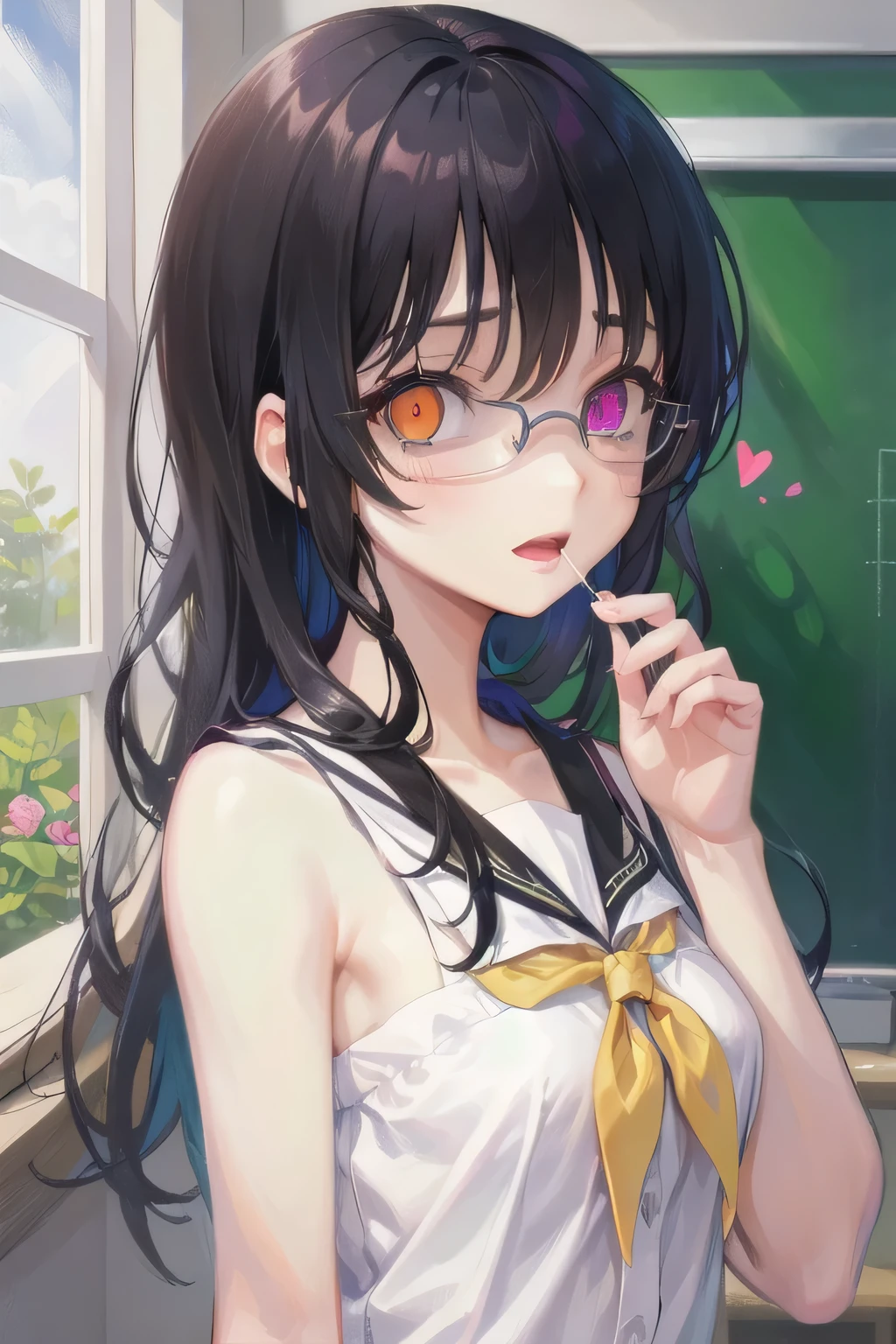 (Tabletop:1.0), (highest quality:1.4), (High resolution:1.2), From the side,Sharp contours, boyish, highest quality, masterpiece,Glasses,Voice of the Heart,yandere,Browsing Caution,Classroom after school,nude,facial,Excessive ,Chest to chest,Upper Body,Ecstasy,saliva,blush,Squint your eyes,Heterochromia iridis