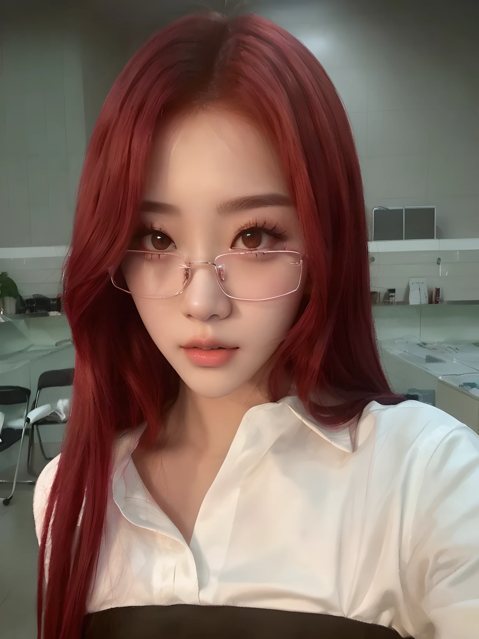 a close up of a woman with red hair wearing glasses, jisoo from blackpink, jossi of blackpink, tzuyu from twice, jisoo of blackpink, portrait of jossi of blackpink, portrait jisoo blackpink, with glasses, jinyoung shin, with red hair, roseanne park of blackpink, sun yunjoo, heonhwa choe, park ji-min, ulzzang, huh yunjin, lesserafim, lesserafim yunjin, young Asian, cute big eyes, cute nose, pink nose, green orange eyes, natural Asian makeup, jeon jungkook, female Asian
