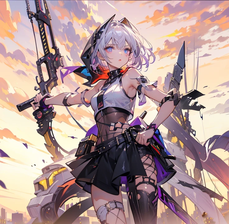 with ganyu ,masterpiece,(bestquality),highlydetailed,ultra-detailed,1girl,(cyberpunkcity:1.5,weapon:gun),(fantasylandscape:1.2,natural lighting:1.5,confidentexpression),(panorama:1.2),mecha,