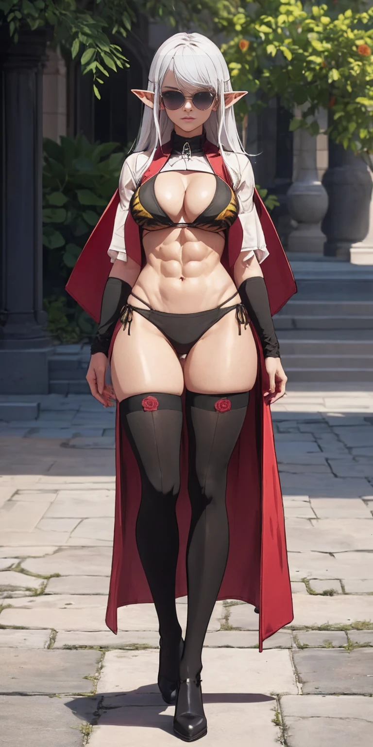Full body, masterpiece, female drow elf purple skin standing pose (yellow tiger bikini), red cape, red bikini, long white hair, strong body, abs, Shiny Skin, Sunglasses, FEMALE, big breasts, voluminous breasts, curvy breasts, mesh stockings, standing with a bouquet (red roses), full height, bottom view, best quality, very detailed, ultra 8k resolution,huge breast, coat , vest, long skirt, portrait, full body, victorias clothing, long dress, knight, pants, black skinn suit, medieval city, plants, vest,polo shirt, forest, long skirt