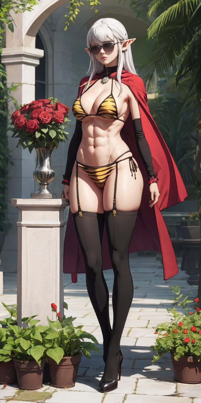 Full body, masterpiece, female drow elf purple skin standing pose (yellow tiger bikini), red cape, red bikini, long white hair, strong body, abs, Shiny Skin, Sunglasses, FEMALE, big breasts, voluminous breasts, curvy breasts, mesh stockings, standing with a bouquet (red roses), full height, bottom view, best quality, very detailed, ultra 8k resolution,huge breast, coat , vest, long skirt, portrait, full body, victorias clothing, long dress, knight, pants, black skinn suit, medieval city, plants, vest,polo shirt, forest, long skirt
