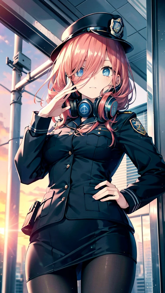 Miku Nakano, Nakano Miku Ticket III, Long Hair, bangs, blue eyes, Brown Hair, Hair between the eyes, Headphones around the neck,Police hat,Sexy police uniform,Black pencil skirt,Black Pantyhose,Stiletto heels,The girl salutes with her left hand,Place your right hand on your hip.,Peeking from below,sunrise,morning,sun,
break outdoors, city,Building Street,
break looking at viewer, (Cowboy Shot:1.5), (Upper Body:1.5),
break (masterpiece:1.2), highest quality, High resolution, unity 8k wallpaper, (shape:0.8), (Fine and beautiful eyes:1.6), Highly detailed face, Perfect lighting, Highly detailed CG, (Perfect hands, Perfect Anatomy),