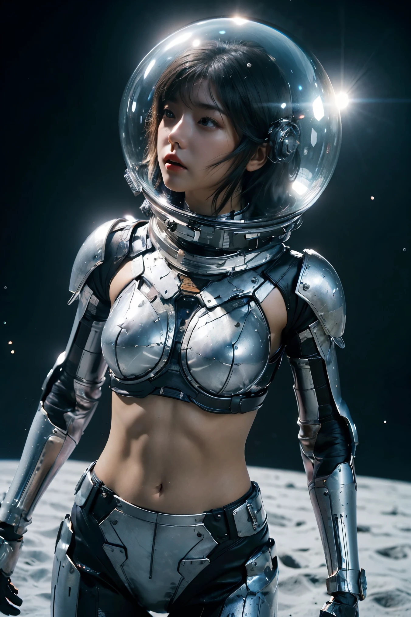 a girl in spacesuit, fully exposed midriff, bare waist,cowboy-shot, in outer space, desolate alien cold planet, Frosted，transparen space-helmet,Transparent full-face helmet ,((bikini top)),((metal Bikini armor)), sexy exposed midriff, full metallic armor, bare midriff and waist, open abdomen, fully exposed abdomen, cowboy-shot, realistic, photorealistic, high quality, 8k, extremely detailed, masterpiece, dynamic pose, dramatic lighting, cinematic, sci-fi, futuristic, vibrant colors