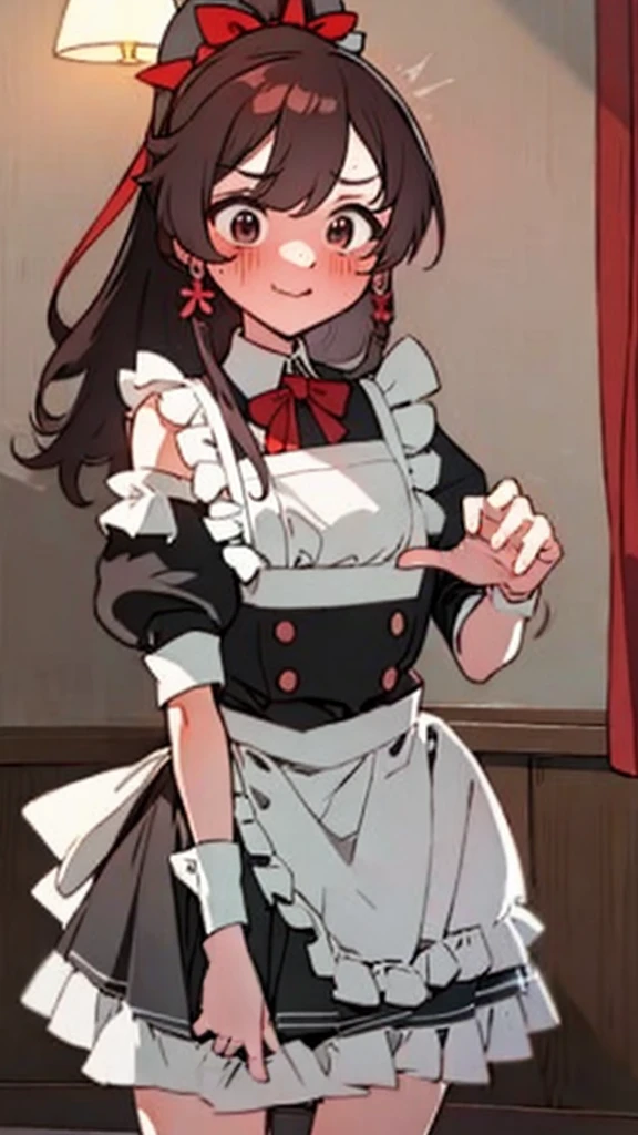 adulto, Cabello negro ondulado, mirada penetrante con ojos profundos de color rojo, estatura promedio, Silky hair with a ponytail hairstyle collected with a red bow with two white lines, tiene pechos medianos, primer plano, session, standing in the middle of his room [[[Risa malvada]]] , Sonrojada, muslos grandes, maid, sirvienta  