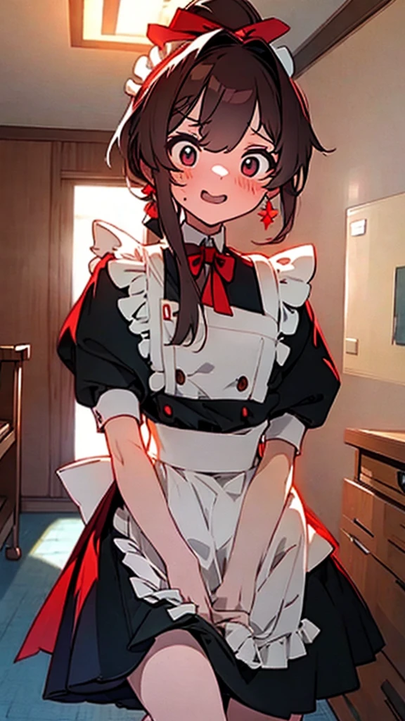 adulto, Cabello negro ondulado, mirada penetrante con ojos profundos de color rojo, estatura promedio, Silky hair with a ponytail hairstyle collected with a red bow with two white lines, tiene pechos medianos, primer plano, session, standing in the middle of his room [[[Risa malvada]]] , Sonrojada, muslos grandes, maid, sirvienta  
