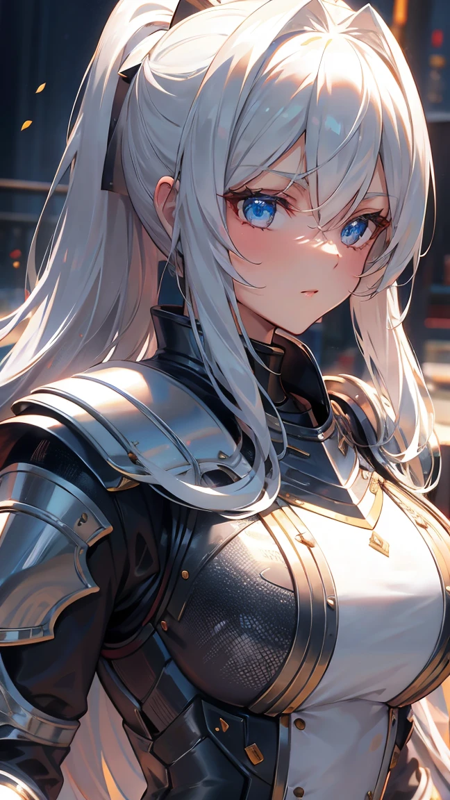 ((Blonde Hair)), Hair behind the ear, Long Hair, (Short Ponytail), Bloodshot eyes, Cinema Lighting, Bust Chart, retina, (high quality), Accurate, ((最high quality)), Perfect detail, ((Dark Skin, Sunburned skin)),16k, Medieval Knight, (Silver gloves, Silver Armor:1.3), (Large sword), dust scattering,