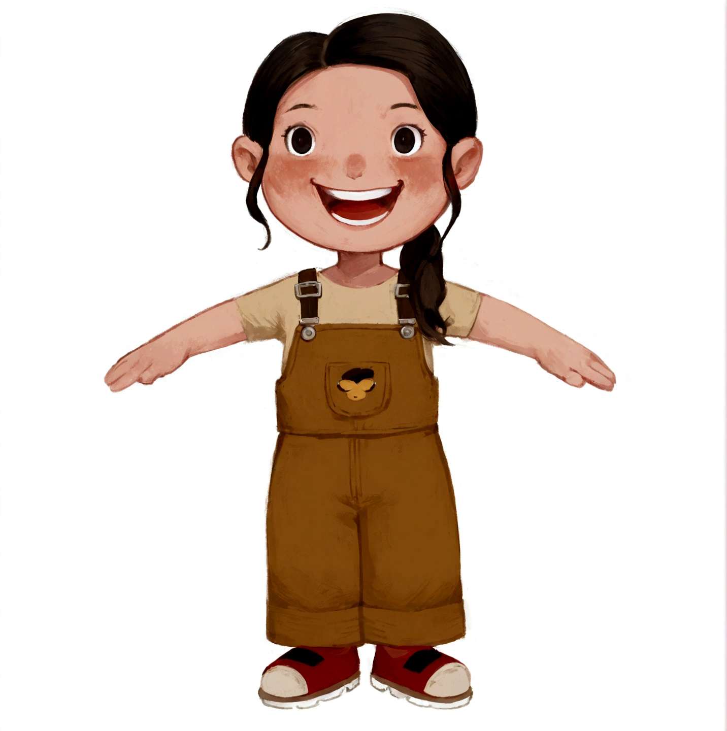 cartoon girl with pigtails and overalls standing with her arms outstretched, full body character, character full body portrait, full length character, full body character portrait, animation character, character is standing, full body illustration, character is in her natural pose, full-body character portrait, full body single character, character illustration, single character full body