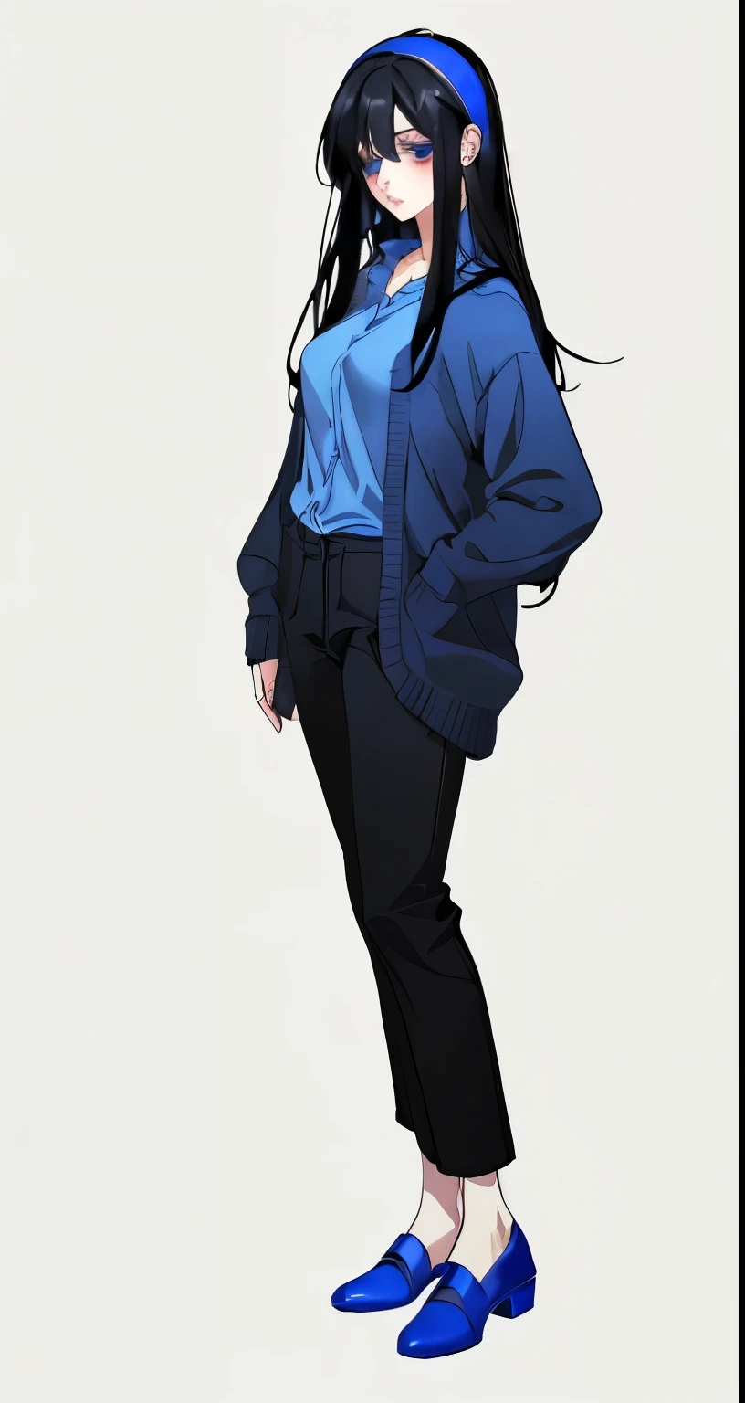 Adult women、1 Girl、Blue headband、long black hair with a bluish tint、Blue Eyes、cardigan、Blue clothes、whole body、White background