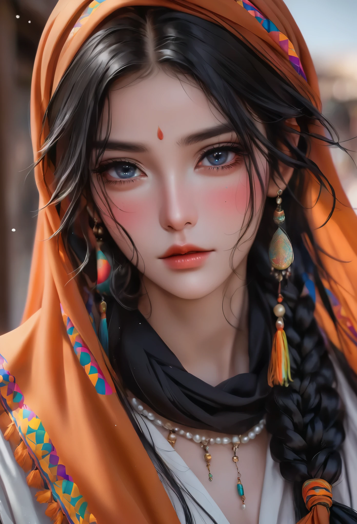 1 Girl,flowing long black hair,Colorful braids,Hair shine,Wearing a headscarf,Scarf covering face。Flowing scarf。minority,Skin details,Beautiful facial features,Exquisite makeup,Exquisite eyes,Eye details,Dark eyeshadow,small freckles,Pearl necklace,Shoulder,arm,minority服饰,