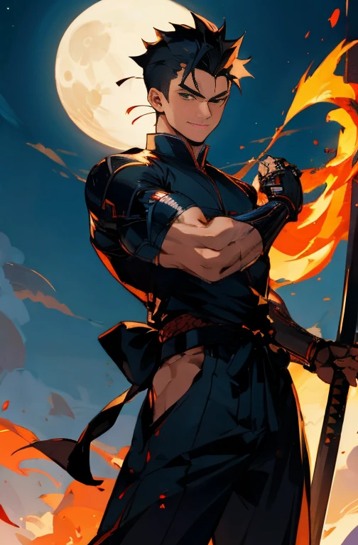 masterpiece,best quality,ultra-detailed,8k,high resolution,Correct drawing,Hairstyle: short mohawk,Sides are shaved,all back,片方の腕がメカニカルなProsthetic arm,cyber punk,cyborg,Holding a tonfa in his hand,mechanical,Prosthetic arm,Black work clothes, Face close-up,Japanese Male、Black Hair、Large physique,Thick arms,Tight waist,Broad shoulders,A fearless smile、Warrior of Darkness,30 year old man, sexy, Subjective and sensual poses, Showing open palm with fingers,The background is a quiet, moonlit wilderness.,prick々Beautiful Moonlight,Comet in the sky,Levitation,explosion,flame,Pillar of Fire