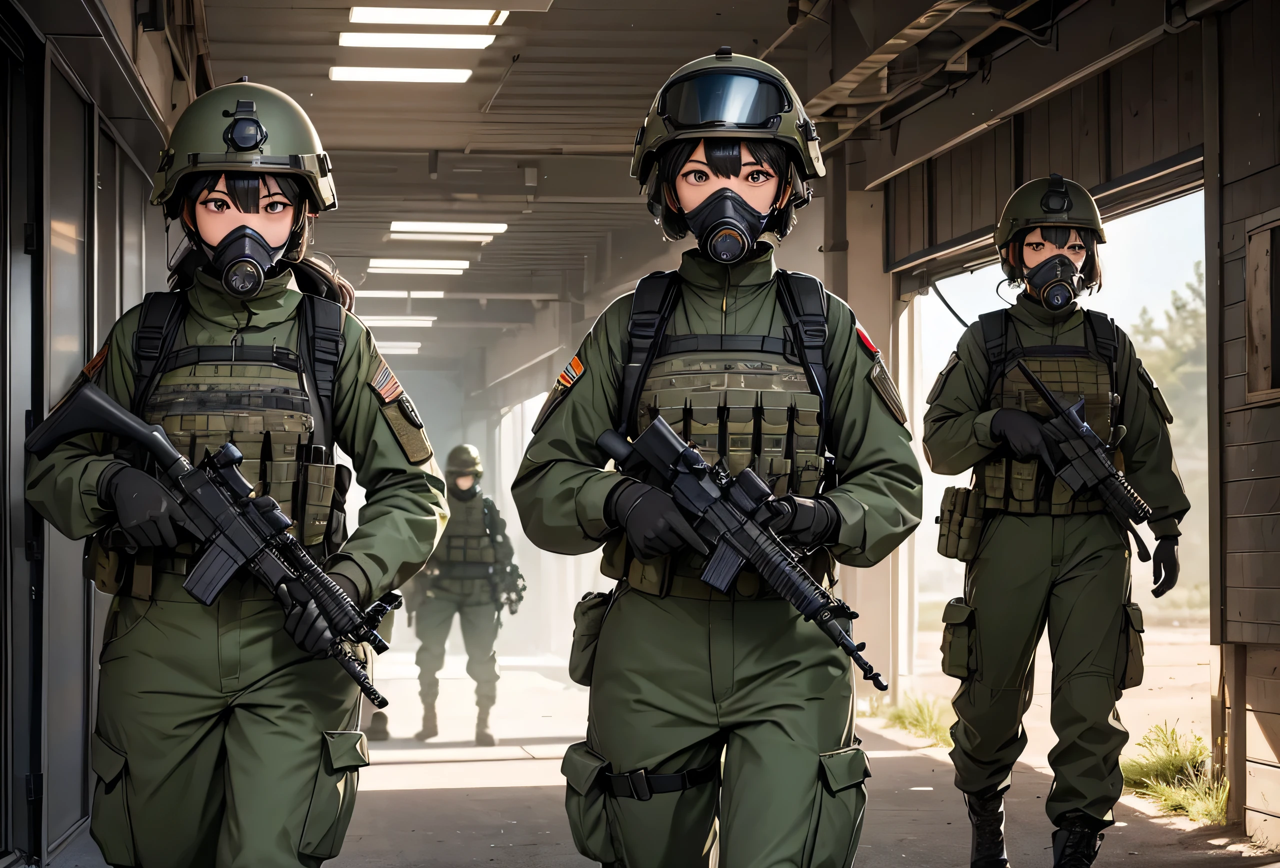 look back、Four female special forces soldiers wearing gas masks、side by side、Put on a helmet、Wear goggles、M51 Military Uniform,front,military trousers、ammo pouch、Tactical harness、Write details、masterpiece、best quality、Highly detailed CG、8K picture quality、theater lighting、lens flare