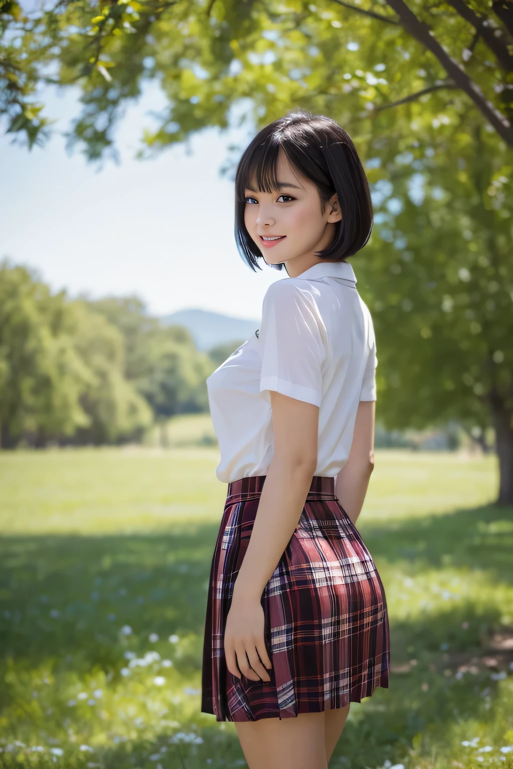 ((best quality)), ((masterpiece)), (detailed), 1girl, sexy,NSFW, 8k RAW photo, highest quality, masterpiece, 超A high resolution, film grain, movie, 1 girl, looking at the viewer, natural skin texture, Realistic eye and face details, lip whole, lipstick, (compensate), red eyeshadow, vaginal, ((pussy)), open your legs, Low Camera, inside the skirt, nipple, fluffy short hair, laughter, close your mouth, beautiful foot, tall woman, skin, slim_foot, solo, huge breasts, cleavage, super short skirt, topless, beautiful natural places, Around the flower position, (detailed background), tartan check skirt, Blurred background b, jk ribbon, of black hair, bangs, uniform, pleated skirt, buckshot, Stick out your butt, Put out butt, from bottom.