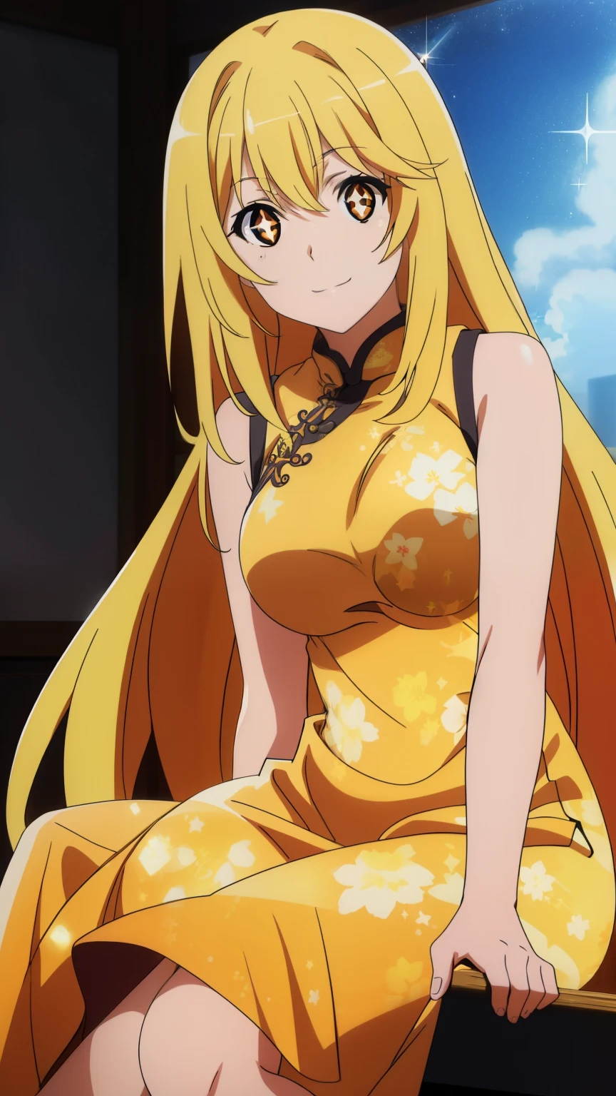 (highest quality, High resolution, 8k, masterpiece: 1.2), Very detailed, (Anime), Misaki Shokuhou, orange eyes, (pupils sparkling:1.3), Beautiful character design, Perfect eyes, Perfect face, Expressive eyes, Perfect balance, smile, blonde, Long Hair, Large midchest, (china dress, sleeveless dress:1.2), looking at the camera, Dynamic pose, Dynamic Angle, The gaze camera focuses on the center of the image,