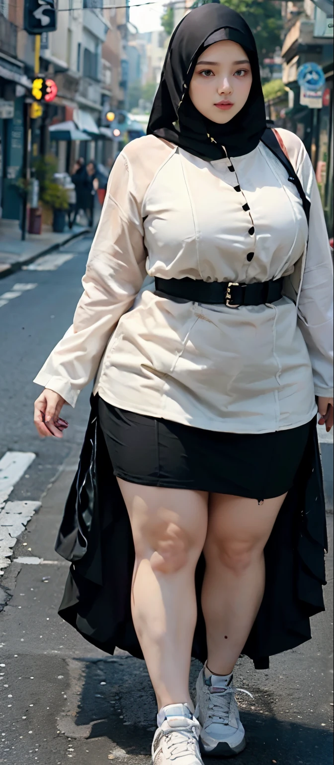 Milky white skin woman in black dress and hijab walking down the street, , hijab outfit, , hijab fashion model, plus size, plus size woman, , woman in black robes, beautiful woman, thicc, black outfit,, bbwchan , white sneakers , Height 170 cm, beautiful woman, with a beautiful appearance, a very beautiful masterpiece, a masterpiece of art, good lighting, Bright colors, Clean lines