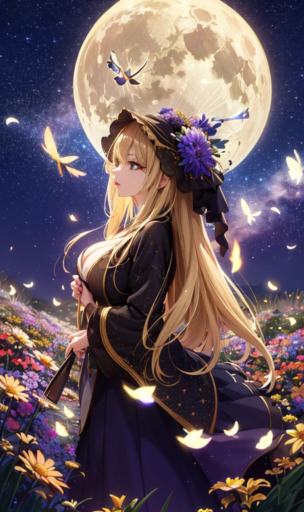 masterpiece, high quality, 4K, Beautiful design, silhouette，blonde， 非常に詳細な夜のStarry Sky,Flower Field， wonderful, Finer details,  Very knowledgeable woman, Highly detailed solo, 1 female,Big Breasts， fashion，Night view，Starry Sky，full moon，