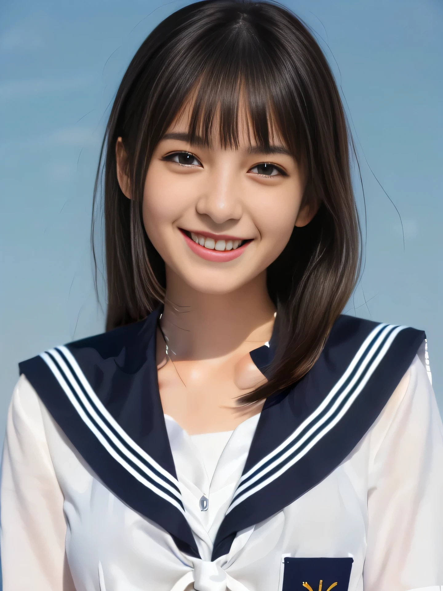 Photorealistic, Ultra-detailed, (Best Quality, 8K, 32K, masterpiece, UHD:1.2), graduation photo of **** pretty Hungarian school girl, black hair, smile, serafuku, black eyes, grin, sailor collar,