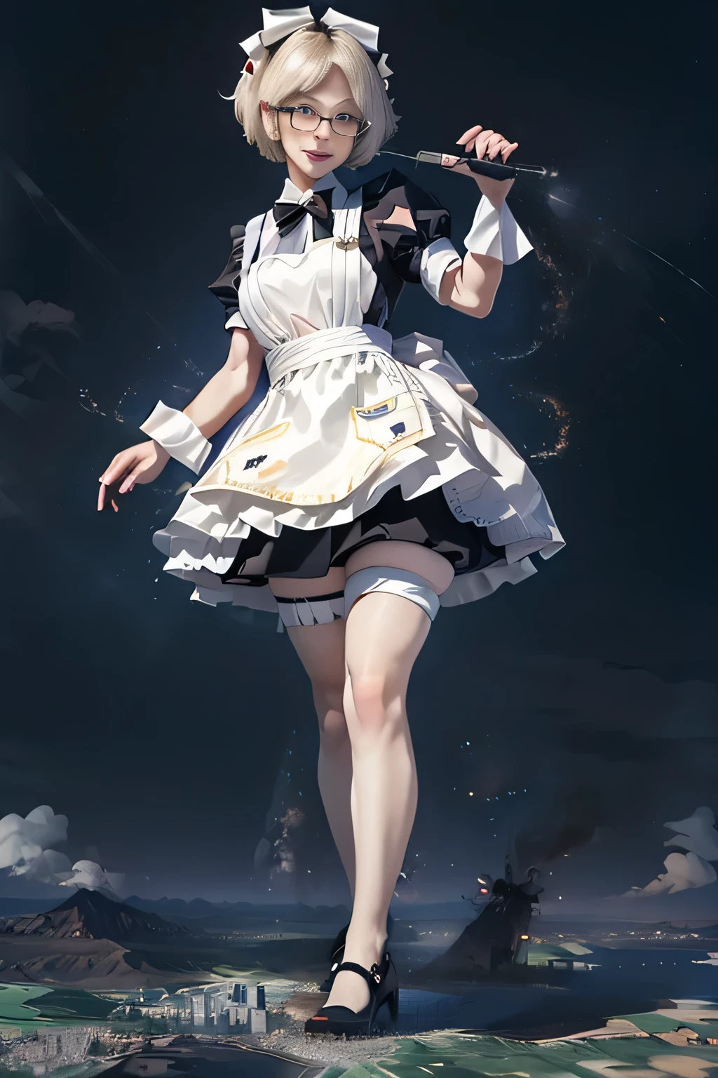 giantess art, highly detailed giantess shots, giantess, Two legs, Five fingers, short hair, A beautiful girl who is bigger than any skyscraper, Wearing rimless glasses, smile, Big Breasts, Maid clothes, Black Pantyhose, black pantyhose, no shoes on, toes visible through pantyhose, Steam coming out from the soles of my feet, Destroying cities, A very small big city, Miniature metropolis, Full body description, GTS, giga giantess, stomping city, crash city, tiny city, micro city, pantyhose feet, High resolution, highest quality, masterpiece, Maid, maid,