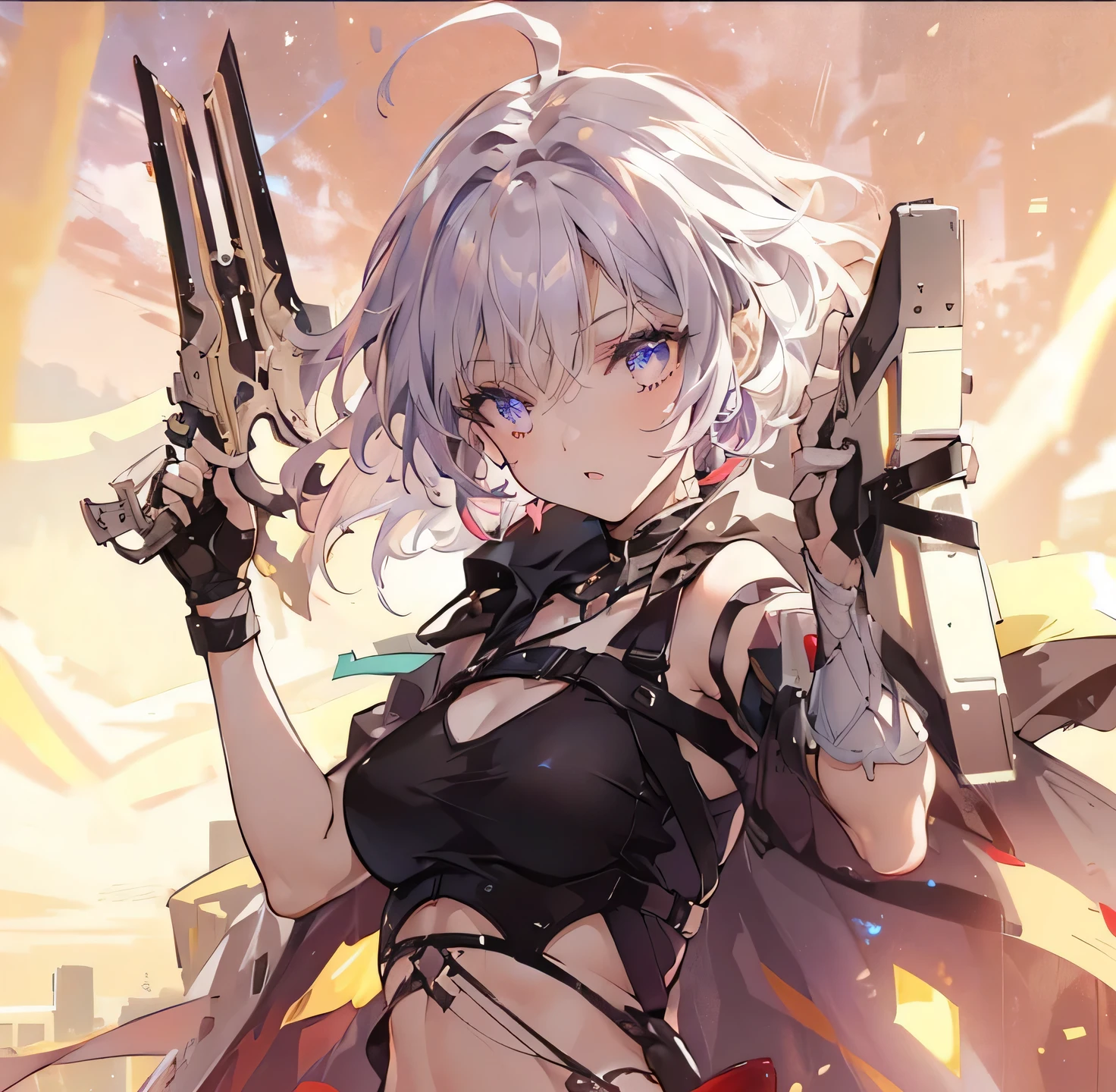(masterpiece, top quality), one girl, young girl, youth, medium breasts, sunset, evening, short hair, silvery-purple hair, darker purple eyes, holding a pair of unique pistols, jagged, black crop top, hood, denim shorts, bandages on right arm, and left leg, fishnet stockings on right leg, black heels