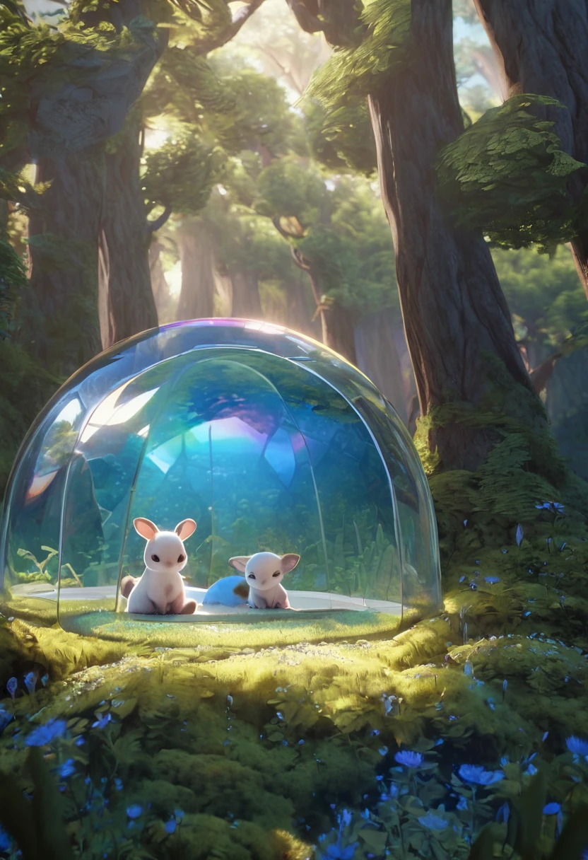 add snack table Best quality, super great, 16K, incredibly absurd, extremely detailed, 2.5D, gentle and dynamic, cute baby animals take refuge under a transparent and translucent iridescent blue dome, In the open forest
