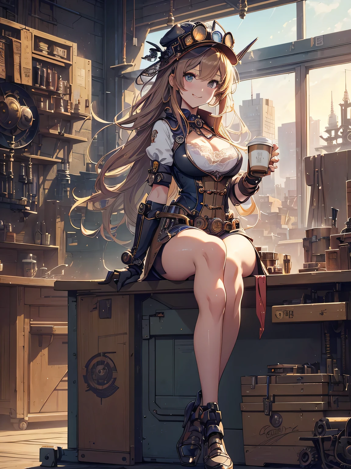 (Line art_anime),(full body, highest quality, ),(Laura Budd Photos:1.2),(Laura Add details:1.0),8k, Flat Color:0.8,1 girl,smile,(Highly decorative and complex mechanical steampunk fashion, Lace flare dolphin hat、goggles、(Sitting on a toolbox drinking coffee)、machinery background、Gear background、An elaborately mechanized steampunk cityscape 1.5)