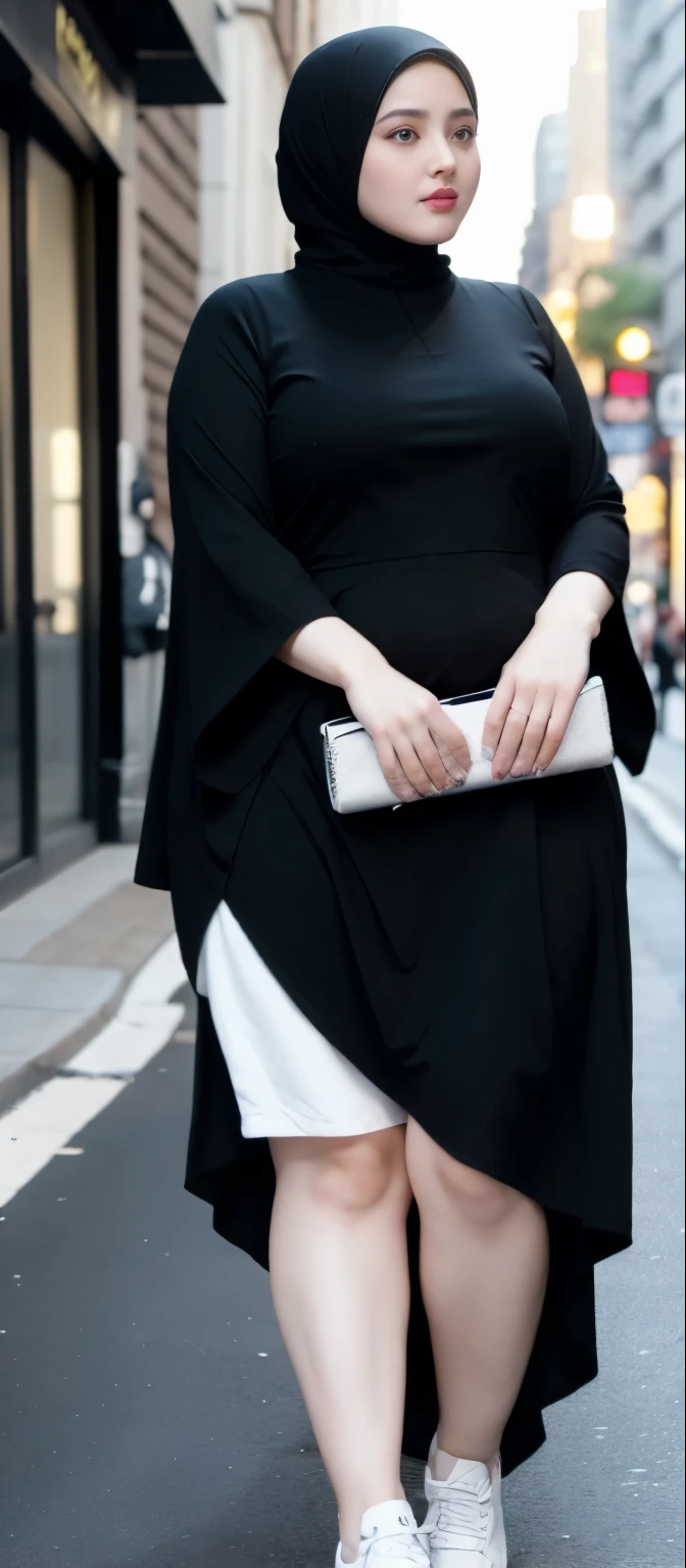 Milky white skin woman in black dress and hijab walking down the street, , hijab outfit, , hijab fashion model, plus size, plus size woman, , woman in black robes, beautiful woman, thicc, black outfit,, bbwchan , white sneakers , Height 170 cm, beautiful woman, with a beautiful appearance, a very beautiful masterpiece, a masterpiece of art, good lighting, Bright colors, Clean lines