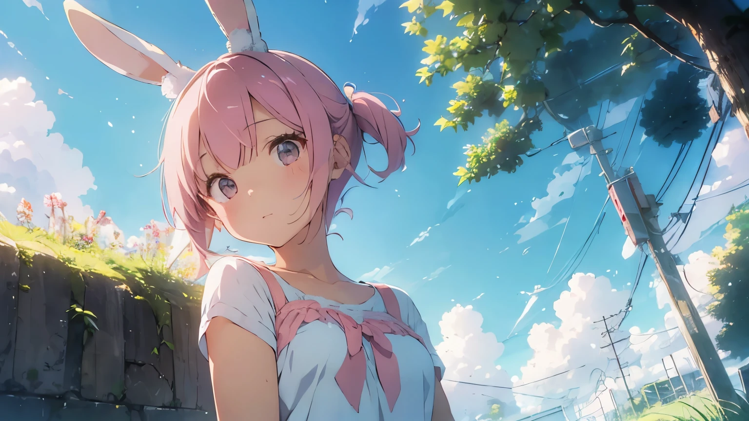 highest quality, pretty girl, Fluffy bunny ears, Pink short bob,２５age,blue sky,A refreshing morning,Fresh greenery