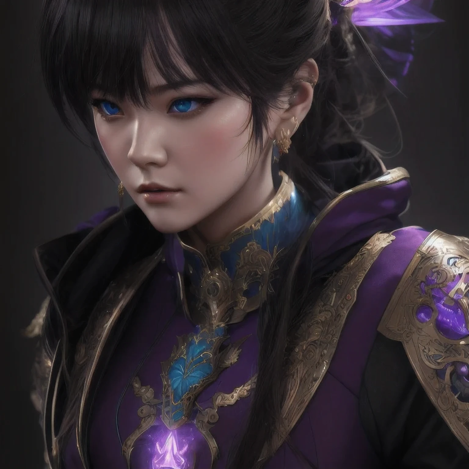 Woman warrior,there is a 18 years old in a purple dress holding a dragon, wlop and ross tran, ross tran 8 k, fantasy art style, chengwei pan on artstation, a beautiful fantasy empress, ross tran and wlop, ruan jia and artgerm, the dragon girl portrait, ig model | artgerm, artgerm and ruan jia,beautiful 1girl bangs blue eyes closed mouth ear piercing earrings grey background hair ornament jewelry lips looking at viewer military military uniform nose piercing portrait realistic short hair simple background solo upper body
