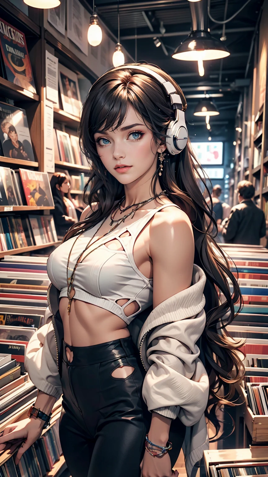 24-year-old female、Sheer front cut-out((front cutout))Wear tops、Wear low rise leggings、smile、View your viewers、Inside a record store in the 80s、Hang headphones around your neck、Hold up a Beatles record jacket and show it to the audience、I'm glad you found your purpose