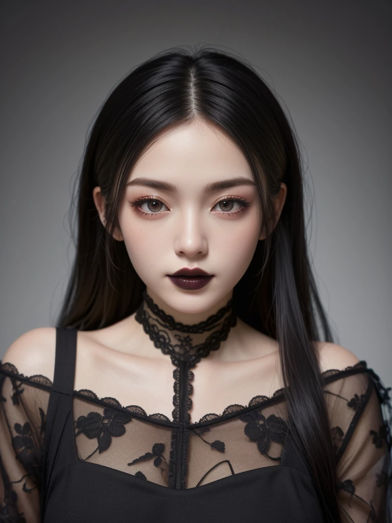 (((masterpiece))), (((High resolution))), (((8K))), (((perfect face))), (((Goth Beauty))), fullbody photo, ((top quality eyes)), ((detailed texture)), look at the camera, 1woman, wearing black lace hipsters with intricate lace detail, black hair