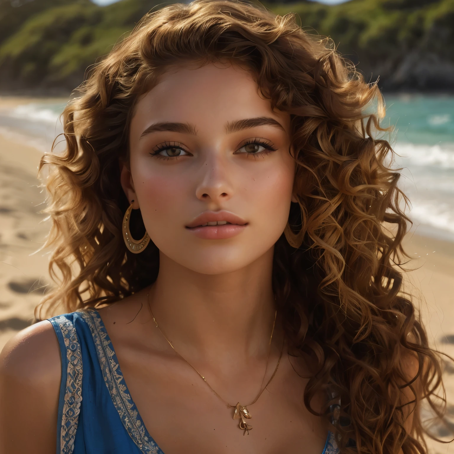 femme arafée aux curly hair et un collier sur une plage, Portrait de Sophie Mudd, beautiful model, curly hair, Venez au hammam, peau d'olive, magnifique jeune mannequin, elle a la peau brun olive, Femme splendide, belle jeune femme, curly brown hair, very nice model, magnifique belle femme, magnifique visage latina, curly brown hair, peau olive impeccable taille fine, beaux seins, highlight the neckline, culotte et soutien-gorge string smoll rouge mandarine, porte-jarretelles, the face is ultra realistic, femme sensuelle