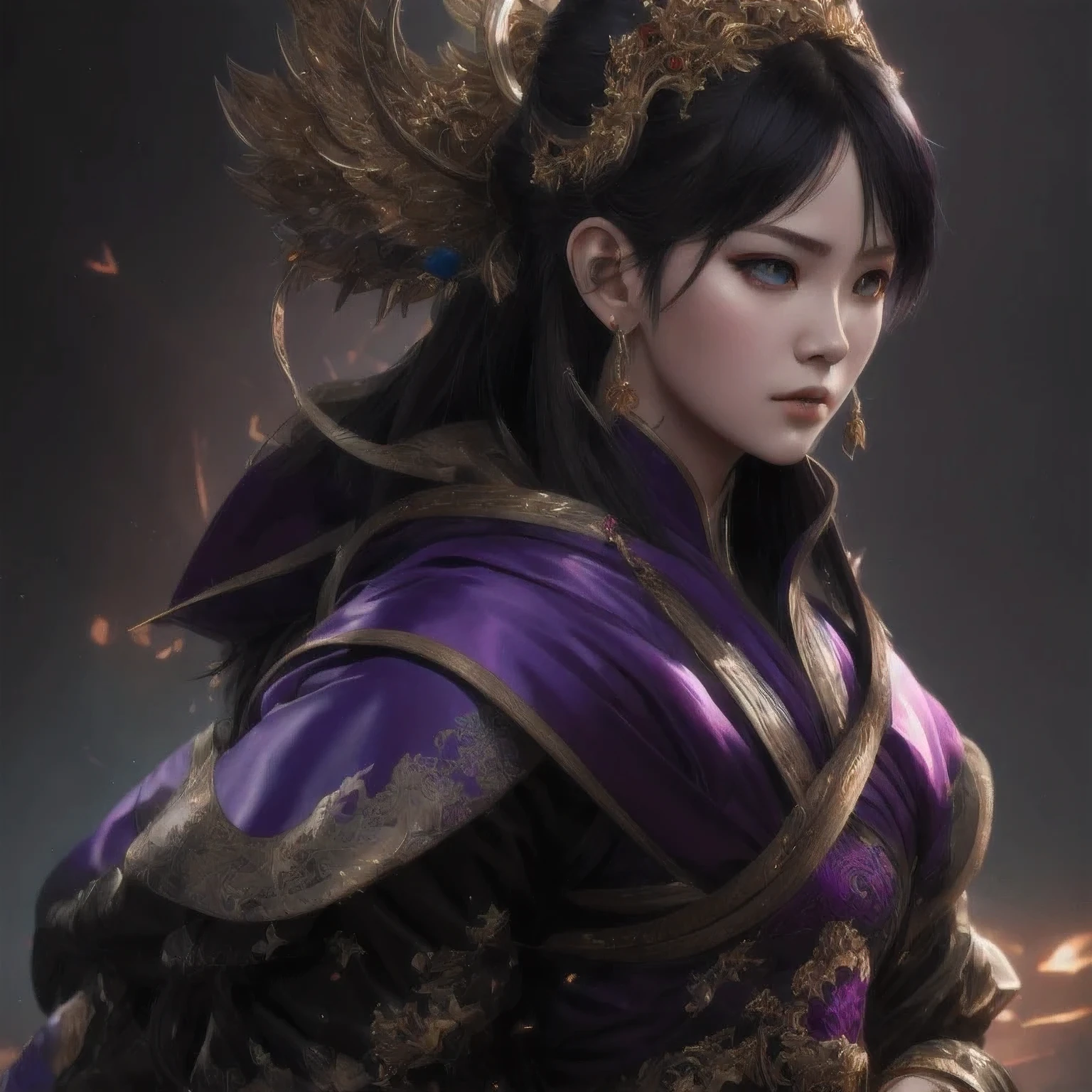 Woman warrior,there is a 18 years old in a purple dress holding a dragon, wlop and ross tran, ross tran 8 k, fantasy art style, chengwei pan on artstation, a beautiful fantasy empress, ross tran and wlop, ruan jia and artgerm, the dragon girl portrait, ig model | artgerm, artgerm and ruan jia，beautiful 1girl bangs blue eyes closed mouth ear piercing earrings grey background hair ornament jewelry lips looking at viewer military military uniform nose piercing portrait realistic short hair simple background solo upper body