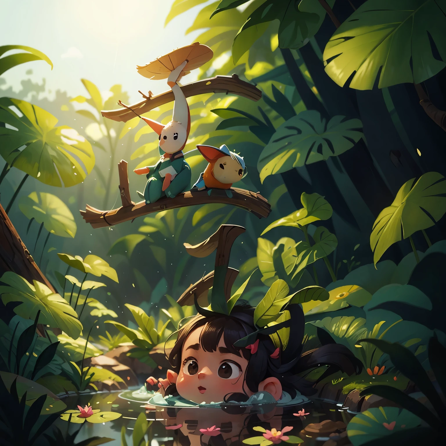 girl, paddle, pond, summer, Perfect quality, Be focused (Clutter - Home: 0.8), (masterpiece: 1.2) (Practical: 1.2) (Bokeh) (best quality) (Delicate skin: 1.3) (Intricate details) (8K) (Detail eyes) (Clear focus), (Happy)