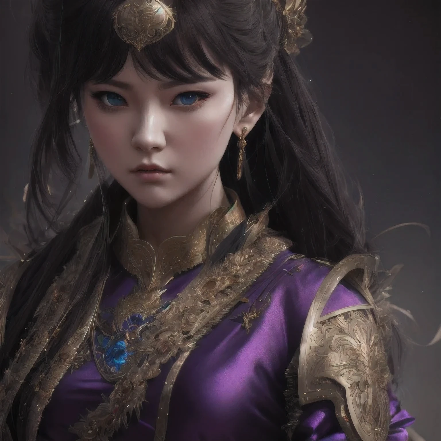 Female Warrior/Female Warrior/Woman warrior,there is a 18 years old in a purple dress holding a dragon, wlop and ross tran, ross tran 8 k, fantasy art style, chengwei pan on artstation, a beautiful fantasy empress, ross tran and wlop, ruan jia and artgerm, the dragon girl portrait, ig model | artgerm, artgerm and ruan jia，beautiful
1girl
bangs
blue eyes
closed mouth
ear piercing
earrings
grey background
hair ornament
jewelry
lips
looking at viewer
military
military uniform
nose
piercing
portrait
realistic
short hair
simple background
solo
upper body