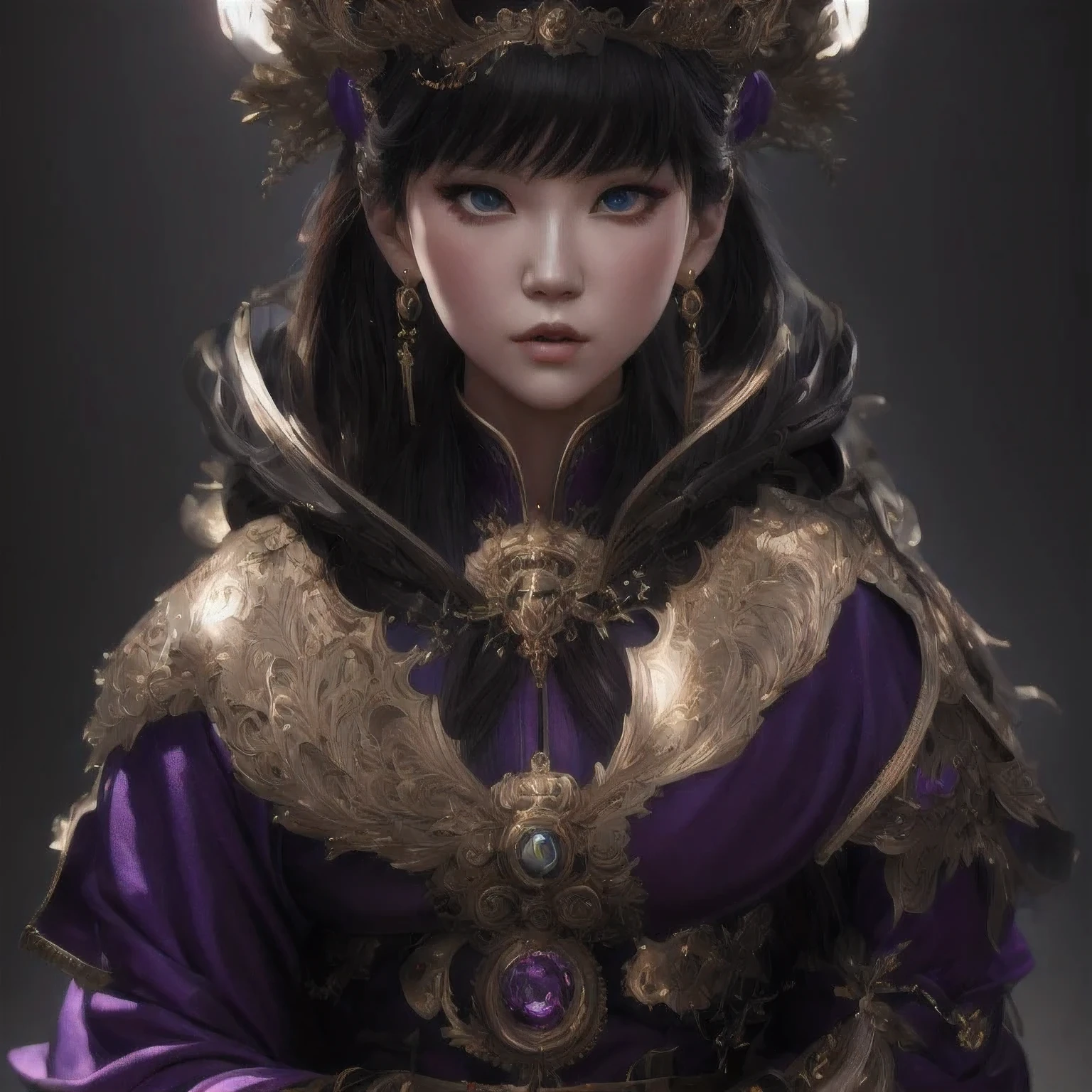 Woman warrior,there is a 18 years old in a purple dress holding a dragon, wlop and ross tran, ross tran 8 k, fantasy art style, chengwei pan on artstation, a beautiful fantasy empress, ross tran and wlop, ruan jia and artgerm, the dragon girl portrait, ig model | artgerm, artgerm and ruan jia，beautiful 1girl bangs blue eyes closed mouth ear piercing earrings grey background hair ornament jewelry lips looking at viewer military military uniform nose piercing portrait realistic short hair simple background solo upper body