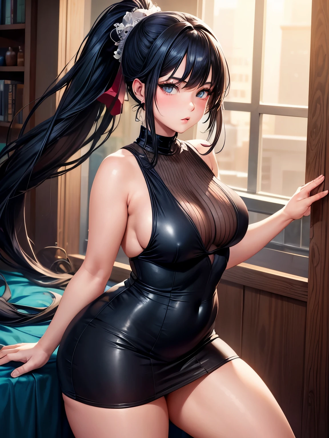 close-up of a 20 age chubby woman  nsfw in a no dress,  sleeveless, dark eyes, legs, long black ponytail hair, stunning beautiful artwork, maximalist, by artgerm, 8k anime artwork, 8k photo, trending on artstation.