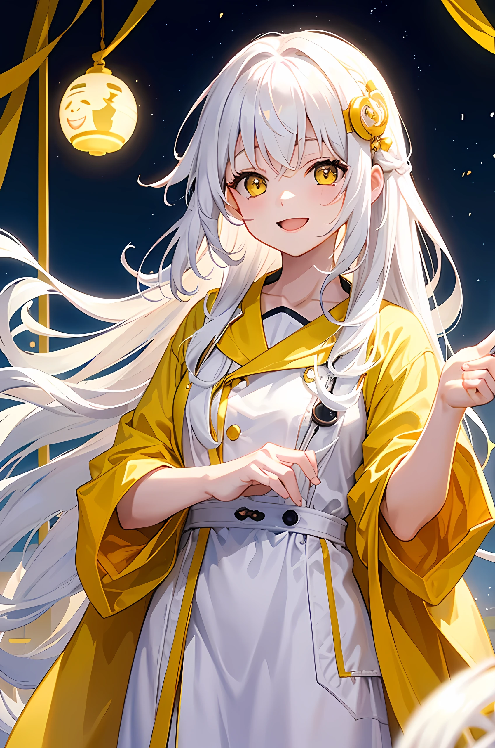 Young girl, white long hair, wavy hair, yellow eyes, smile face, medical gown, happy girl