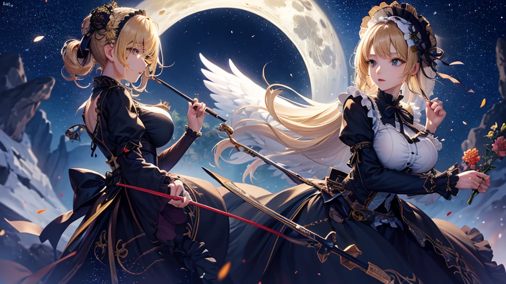 masterpiece, high quality, 4K, Beautiful design, silhouette，blonde， 非常に詳細な夜のStarry Sky,Flower Field， wonderful, Finer details,  Very knowledgeable female angel, Highly detailed solo, 1 female,Big Breasts，Gothic ta Fashion，Night view，Starry Sky，full moon，