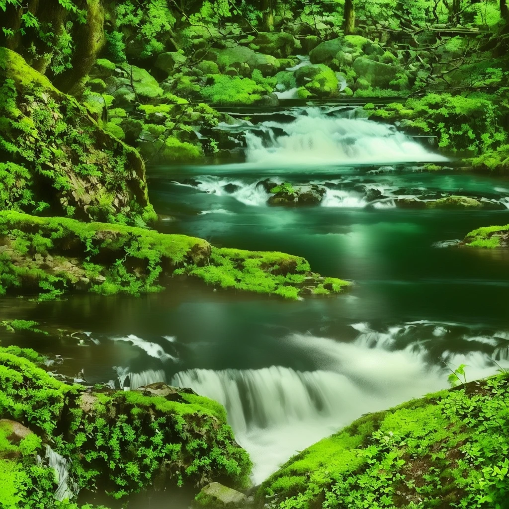 Lush森を流れる小川のアラフェードビュー, green waters, Lush, green water, beautiful flowing feeling, Peaceful environment, river with stunning water, A gently shining forest stream, Lush苔むした峡谷, water flowing, babbling brook, A tranquil and beautiful waterfall, River in the forest, 日本のLush森, forest and waterfall