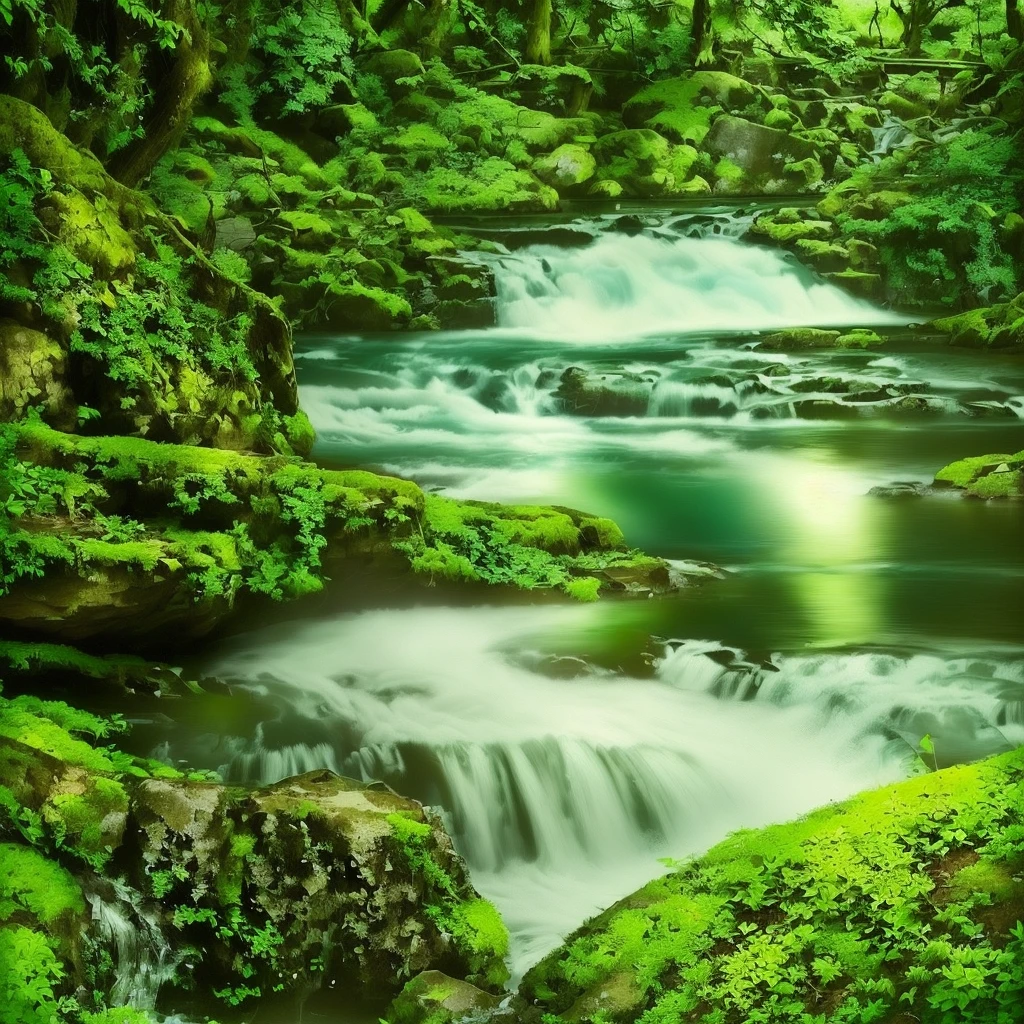 Lush森を流れる小川のアラフェードビュー, green waters, Lush, green water, beautiful flowing feeling, Peaceful environment, river with stunning water, A gently shining forest stream, Lush苔むした峡谷, water flowing, babbling brook, A tranquil and beautiful waterfall, River in the forest, 日本のLush森, forest and waterfall