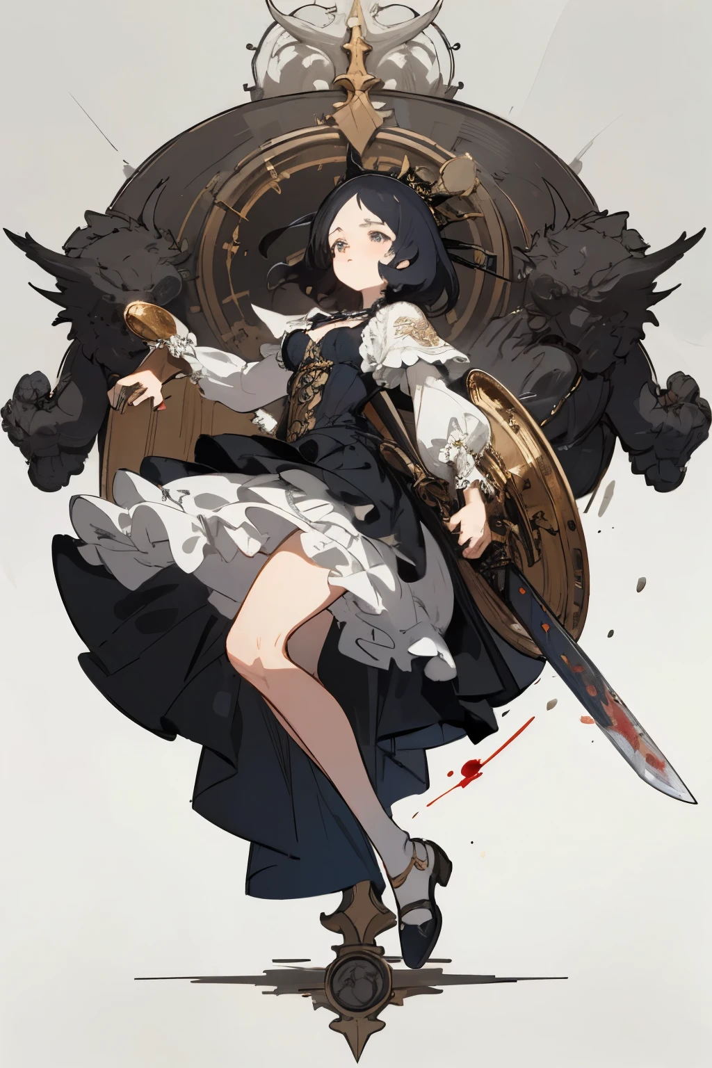 ((best quality)), ((masterpiece)), (detailed), perfect face ((best quality)), ((masterpiece)), (detailed), blank white background, plain background, white background, Bloodborne inspired, occult aesthetic, occult, detailed and intricate steampunk and detailed gothic, (zentangle, mandala, tangle, entangle), NSFW, Very dramatic and cinematic lighting, cosmic horror, grim-dark, side-lighting, perfect face, a beautiful goddess adorned and enshrined in armour, Fluttering lace flared short dress with frilly petticoats, Bloodborne inspired , occult aesthetic , occult , detailed and intricate steampunk and detailed gothic , wielding a sword and holding a shield, NSFW, beautiful small breasts, small breasts, full body, whole body, body, plain background, white background, blank background, no background, white background NSFW, full body, whole body, head-to-toe