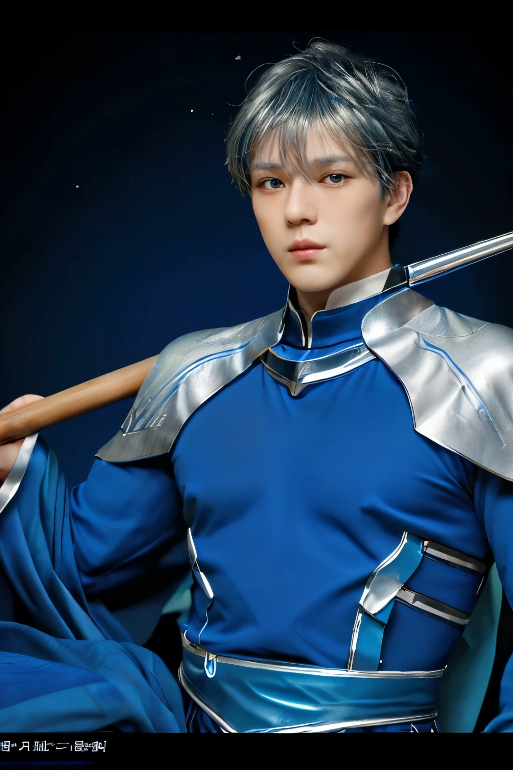 top-quality, 8K, ultra-detailliert, Top image quality, Fate, Lancer, One Man, Elaborate facial features, Wearing blue clothes, Blue shorthair, Hanging bangs, Holding a spear, Upper body, The silver shoulder rest is shining..