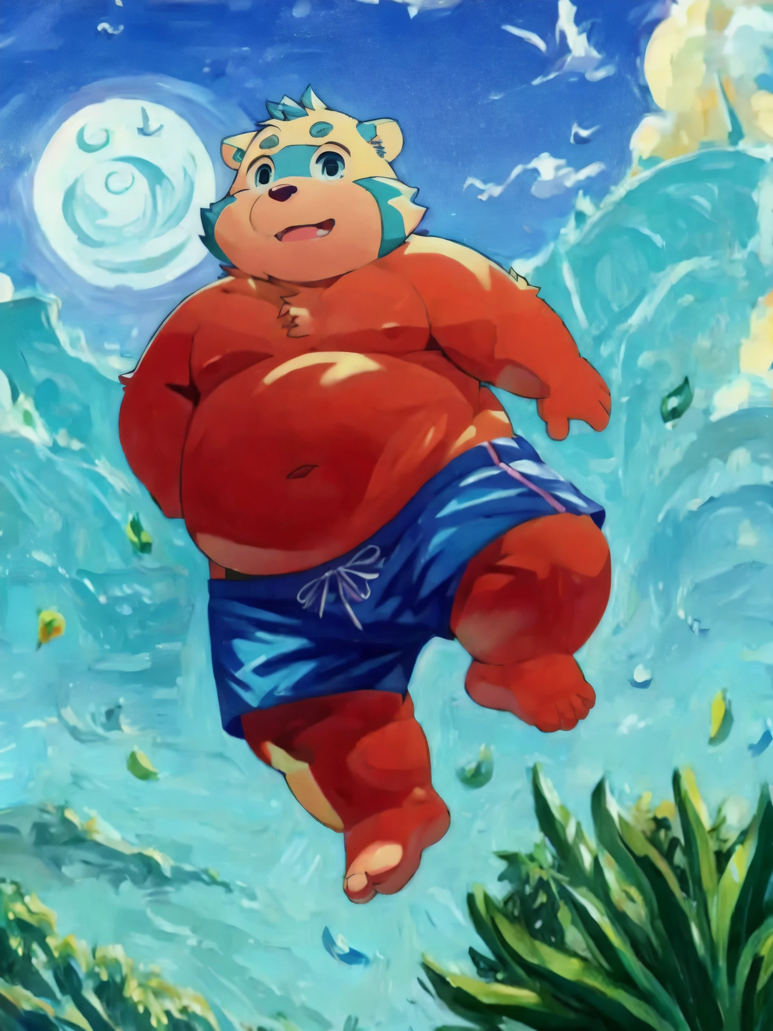 (masterpiece, best quality:1.2),, xiaobo,furry,overweight,the whole body,foot,sky,swimming trunks,bare,naked,jump,Low viewing angle